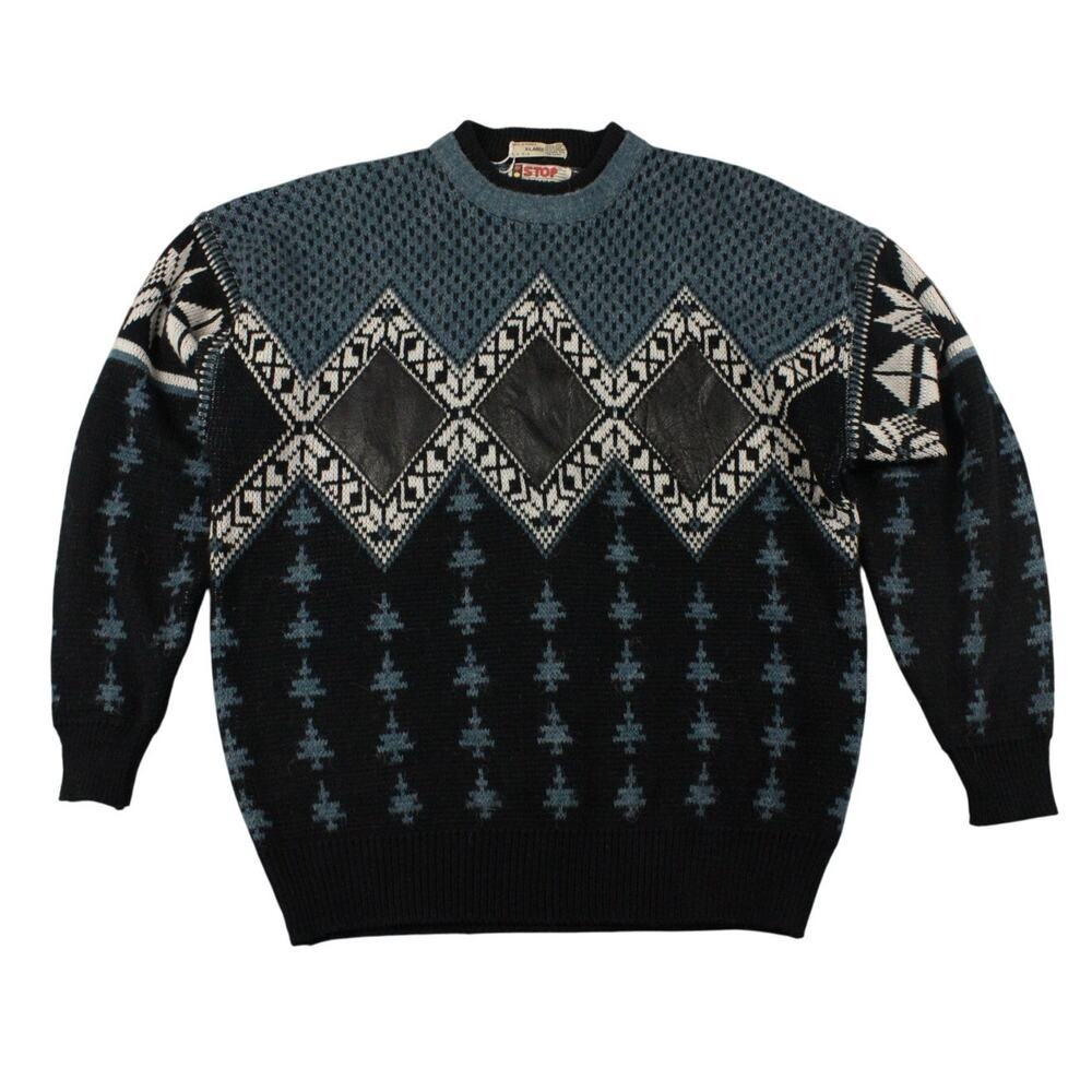 VTG Grandpa Sweater Mens Sz XL Leather Trim Diamonds Nordic Style Blue Black